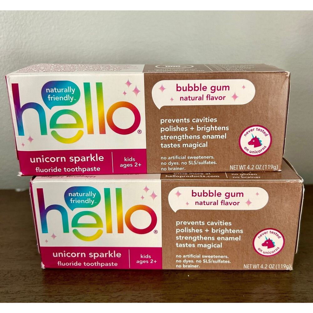 2 PACK + Gift Hello Kids Fluoride Toothpaste, Vegan, Unicorn Sparkle Bubble Gum